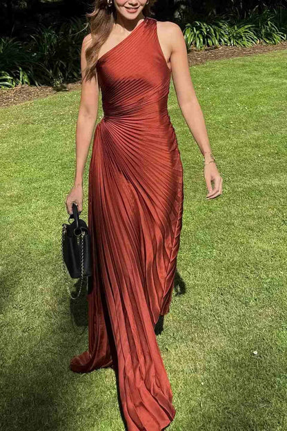 Elegant One Shoulder Pleated Satin Maxi Formal Dress