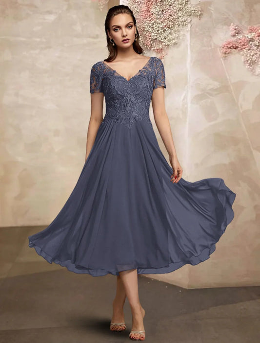 Dusty‑Blue Lace A‑Line V‑Neck Short‑Sleeve Illusion‑Back Tea‑Length Mother Of The Bride Dress
