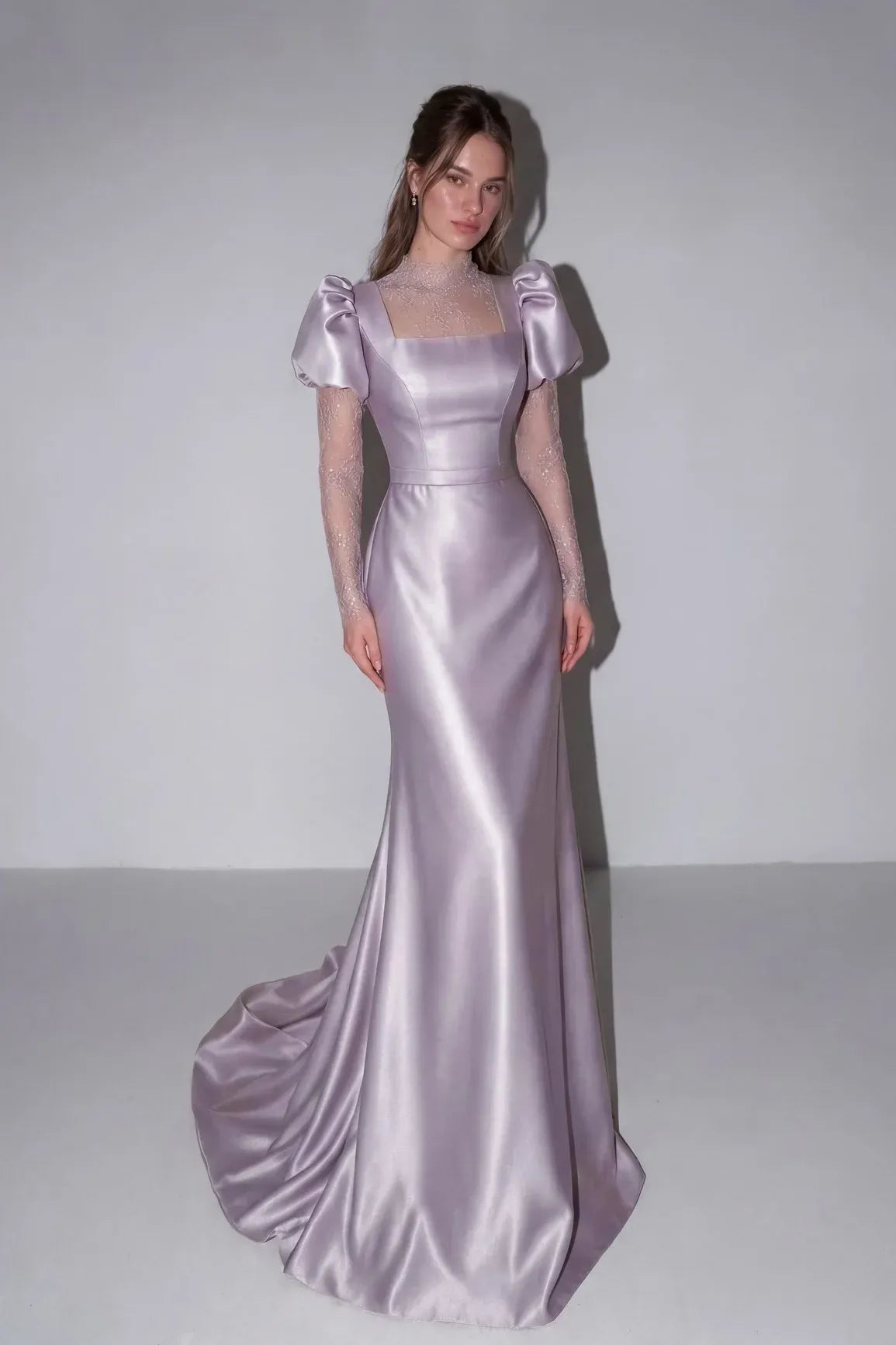 Vintage Lace‑Illusion Satin Mermaid High‑Neck Puff‑Sleeve Square‑Neck Floor‑Length Evening Dresses