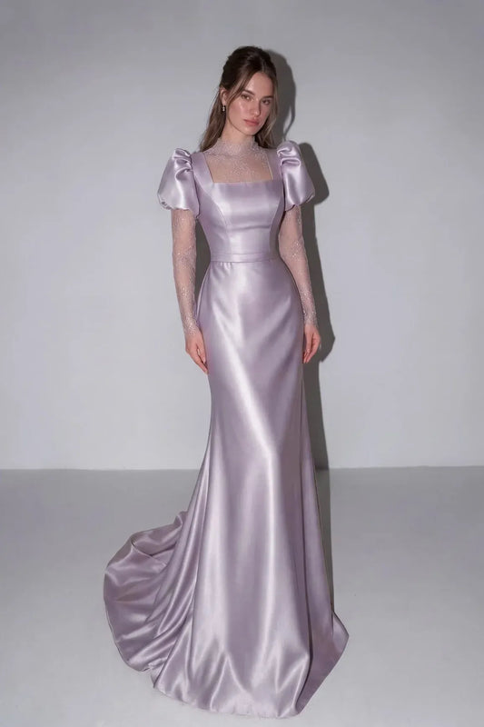 Vintage Lace‑Illusion Satin Mermaid High‑Neck Puff‑Sleeve Square‑Neck Floor‑Length Evening Dresses