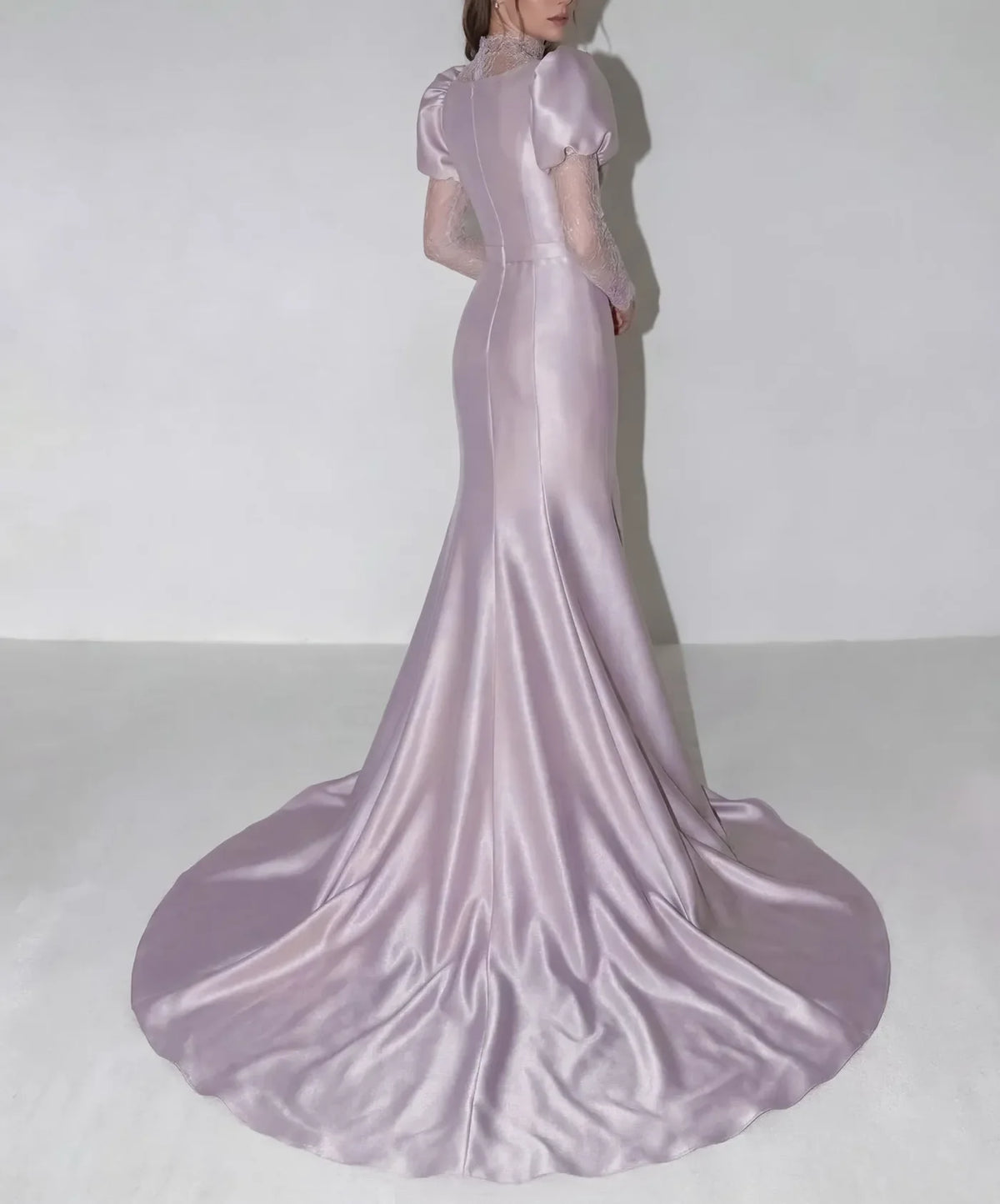 Vintage Lace‑Illusion Satin Mermaid High‑Neck Puff‑Sleeve Square‑Neck Floor‑Length Evening Dresses