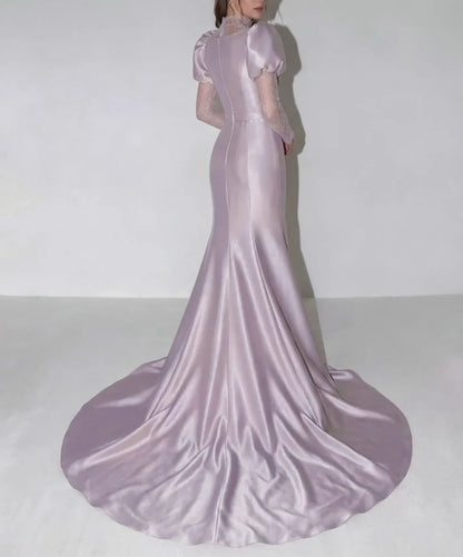 Vintage Lace‑Illusion Satin Mermaid High‑Neck Puff‑Sleeve Square‑Neck Floor‑Length Evening Dresses