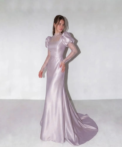 Vintage Lace‑Illusion Satin Mermaid High‑Neck Puff‑Sleeve Square‑Neck Floor‑Length Evening Dresses