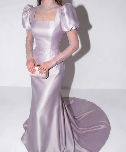 Vintage Lace‑Illusion Satin Mermaid High‑Neck Puff‑Sleeve Square‑Neck Floor‑Length Evening Dresses