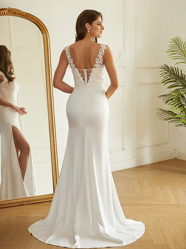 White Lace‑Satin Sheath Deep‑V Sleeveless V‑Back Slit Sweep‑Train Wedding Dress For Modern