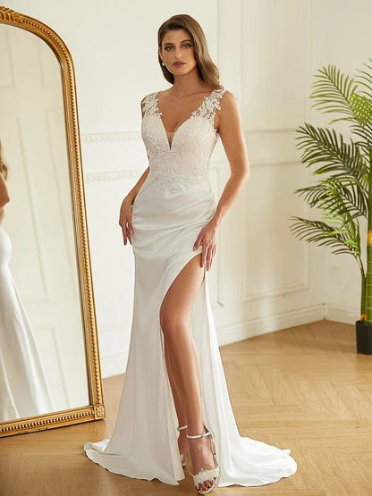 White Lace‑Satin Sheath Deep‑V Sleeveless V‑Back Slit Sweep‑Train Wedding Dress For Modern