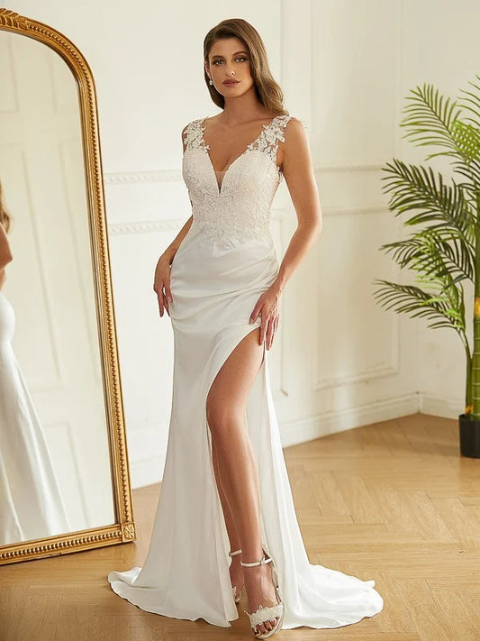 White Lace‑Satin Sheath Deep‑V Sleeveless V‑Back Slit Sweep‑Train Wedding Dress For Modern