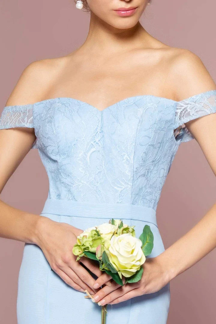 Sky‑Blue Lace Mermaid Sweetheart Off‑The‑Shoulder Cap‑Sleeve V‑Back Zipper Floor‑Length Bridesmaid Dresses
