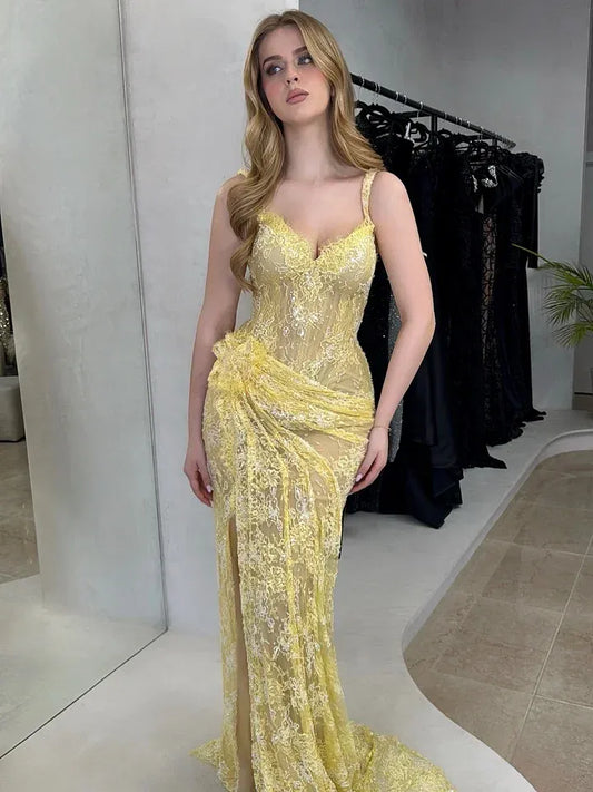 Elegant Spaghetti Strap Sweetheart Lace Beaded Mermaid Maxi Dress with High Slit