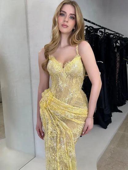 Elegant Spaghetti Strap Sweetheart Lace Beaded Mermaid Maxi Dress with High Slit