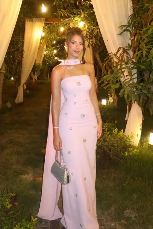 Elegant Strapless Cape Beaded Star Mermaid Maxi Dress