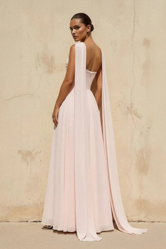 Elegant Strapless Corset Split Chiffon Cape Maxi Dress