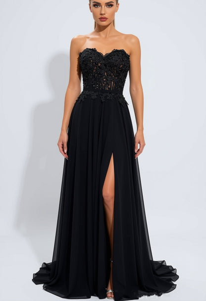 Elegant Strapless Lace Applique Chiffon A-Line Maxi Dress with High Slit & Train
