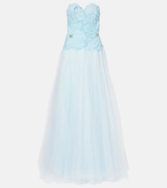 Elegant Strapless Sweetheart Ruffle Beaded Tulle A-Line Ball Gown