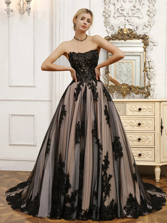 Black‑Champagne Beaded‑Lace Ball‑Gown Strapless Sweetheart Lace‑Up Corset‑Back Chapel‑Train Wedding Dress For Gothic