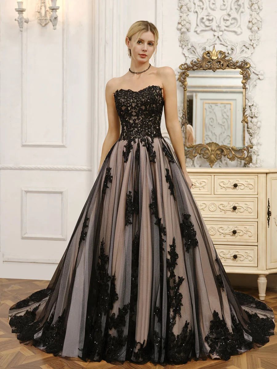 Black‑Champagne Beaded‑Lace Ball‑Gown Strapless Sweetheart Lace‑Up Corset‑Back Chapel‑Train Wedding Dress For Gothic