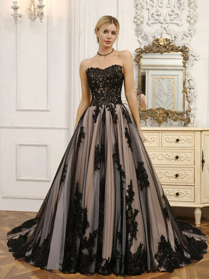 Black‑Champagne Beaded‑Lace Ball‑Gown Strapless Sweetheart Lace‑Up Corset‑Back Chapel‑Train Wedding Dress For Gothic