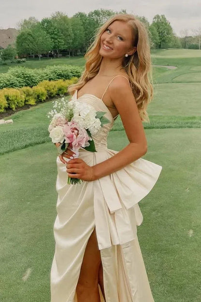 Elegant Strapless Twist Cutout High Slit Satin Bridesmaid Maxi Dress