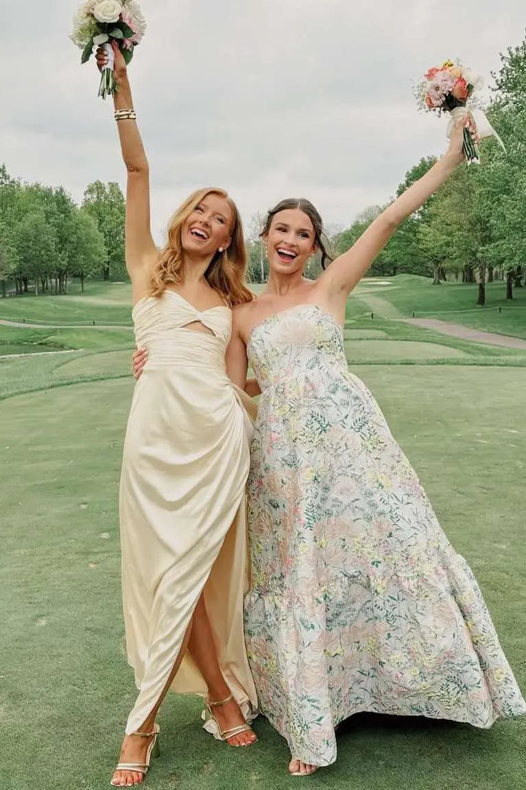 Elegant Strapless Twist Cutout High Slit Satin Bridesmaid Maxi Dress