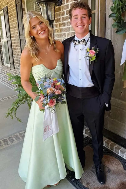 Elegant Strapless Twist Front Satin A-Line Prom Dress