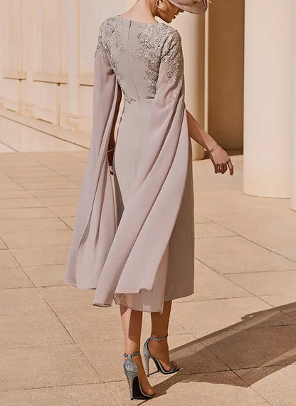 Elegant Taupe V-Neck Sheath Midi Mother of the Bride Dress with Cape Sleeves and Floral Embroidery