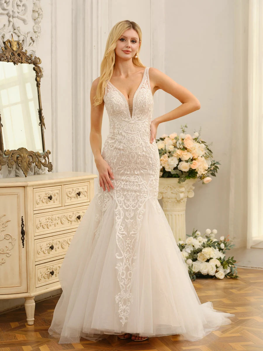 Ivory Lace‑Appliqué Mermaid Illusion Deep‑V Sleeveless V‑Back Sweep‑Train Wedding Dress For Elegant