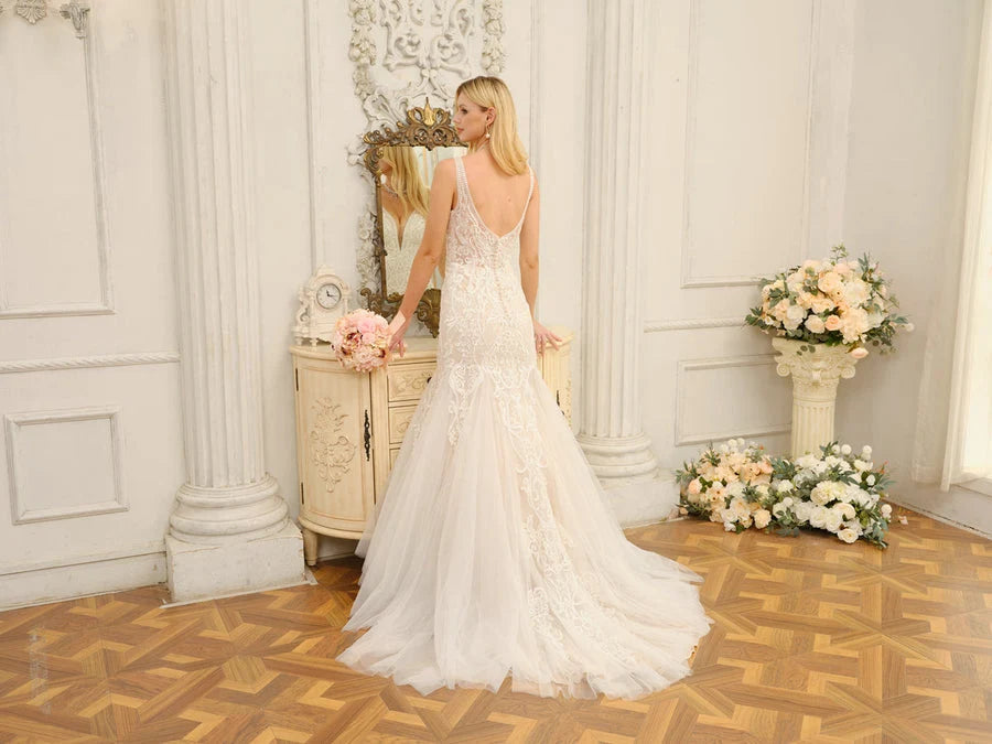 Ivory Lace‑Appliqué Mermaid Illusion Deep‑V Sleeveless V‑Back Sweep‑Train Wedding Dress For Elegant
