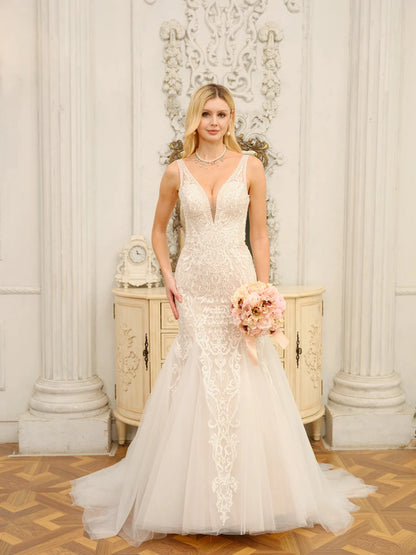 Ivory Lace‑Appliqué Mermaid Illusion Deep‑V Sleeveless V‑Back Sweep‑Train Wedding Dress For Elegant