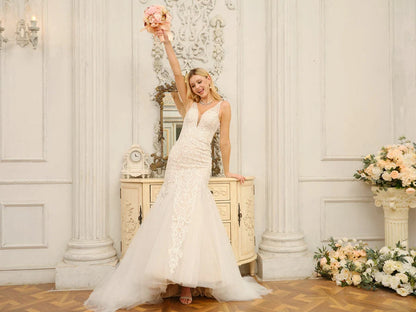 Ivory Lace‑Appliqué Mermaid Illusion Deep‑V Sleeveless V‑Back Sweep‑Train Wedding Dress For Elegant