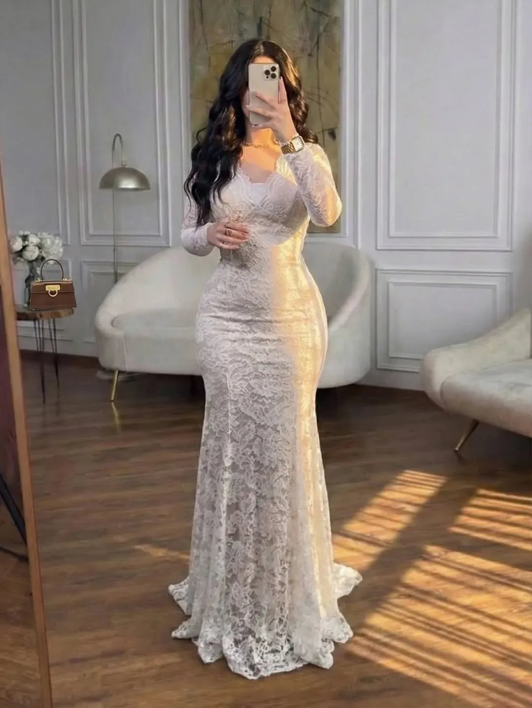 Elegant V-Neck Long Sleeve Lace Ruched Mermaid Wedding Dress