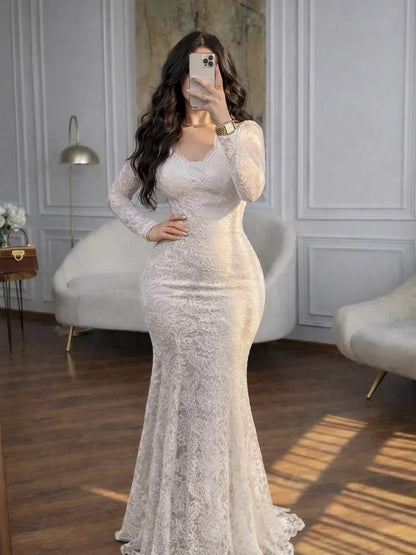 Elegant V-Neck Long Sleeve Lace Ruched Mermaid Wedding Dress