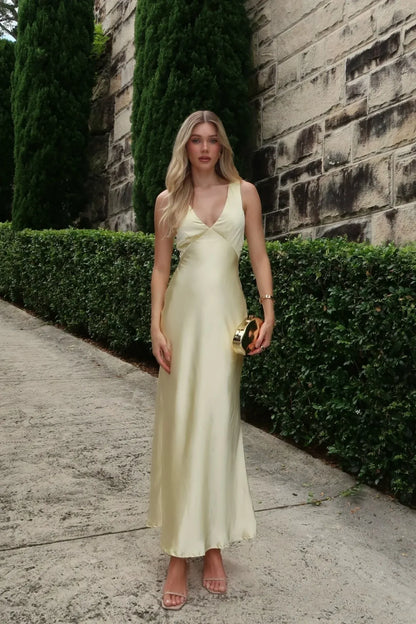 Elegant V-Neck Sleeveless Satin Slip A-Line Maxi Dress