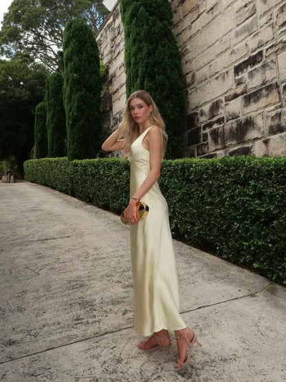 Elegant V-Neck Sleeveless Satin Slip A-Line Maxi Dress