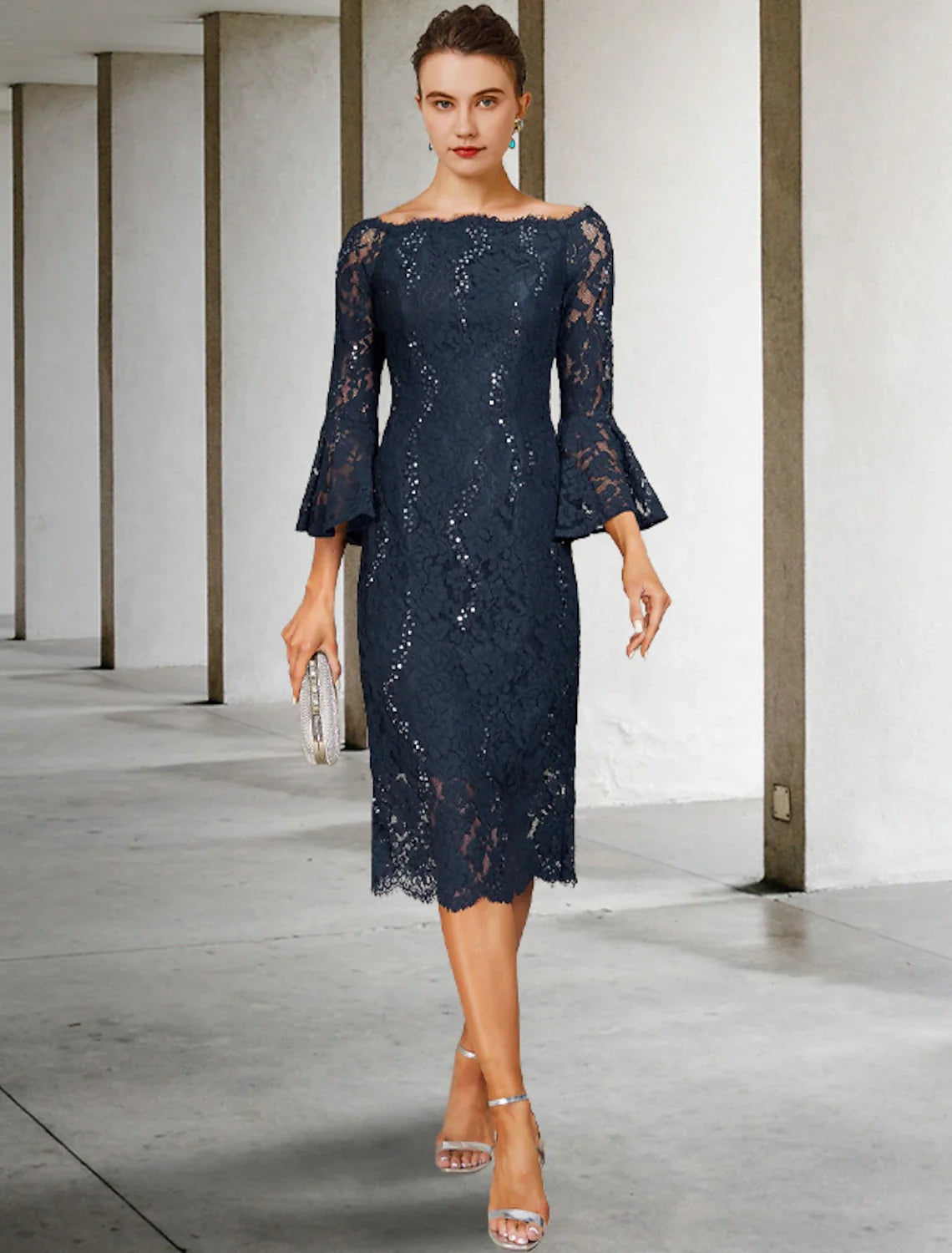 Navy Sequin‑Lace Sheath Off‑Shoulder Bell‑Sleeve Tea‑Length Mother Of The Bride Dress