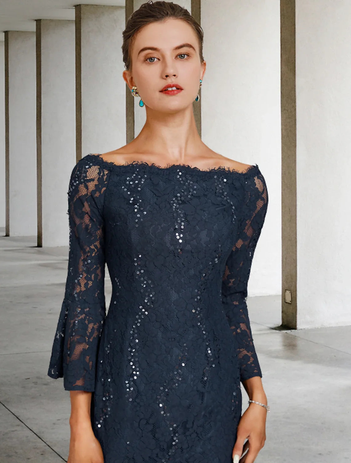 Navy Sequin‑Lace Sheath Off‑Shoulder Bell‑Sleeve Tea‑Length Mother Of The Bride Dress