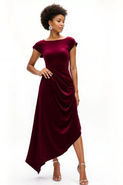Elegant A-Line Boat Neck Cap Sleeve Velvet Asymmetrical-Length Prom Dress