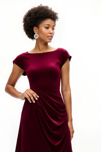 Elegant A-Line Boat Neck Cap Sleeve Velvet Asymmetrical-Length Prom Dress