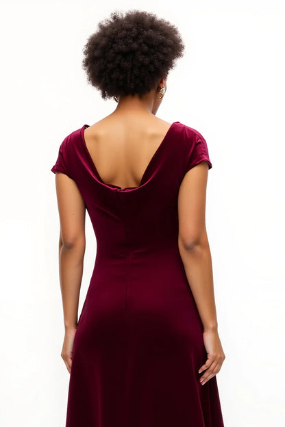 Elegant A-Line Boat Neck Cap Sleeve Velvet Asymmetrical-Length Prom Dress