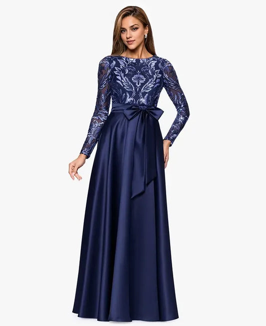 Elegant A-Line Boat Neck Long Sleeve Appliques Satin Floor-Length Prom Dress