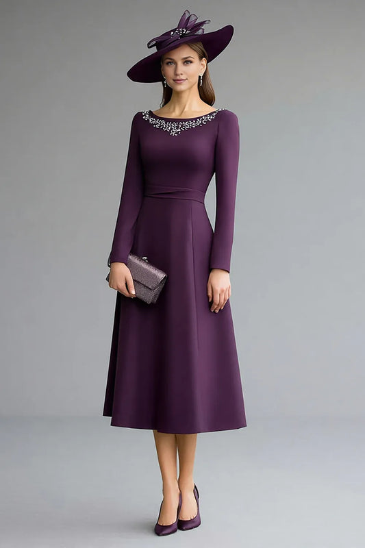 Plum Beaded‑Crepe A‑Line Boat Neck Long‑Sleeve Tea‑Length Mother Of The Bride Dress