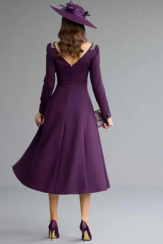 Plum Beaded‑Crepe A‑Line Boat Neck Long‑Sleeve Tea‑Length Mother Of The Bride Dress