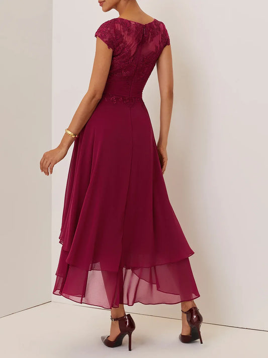 Elegant A-Line Crew Neck Cap Sleeve Back Zip Ankle-Length Evening Dress