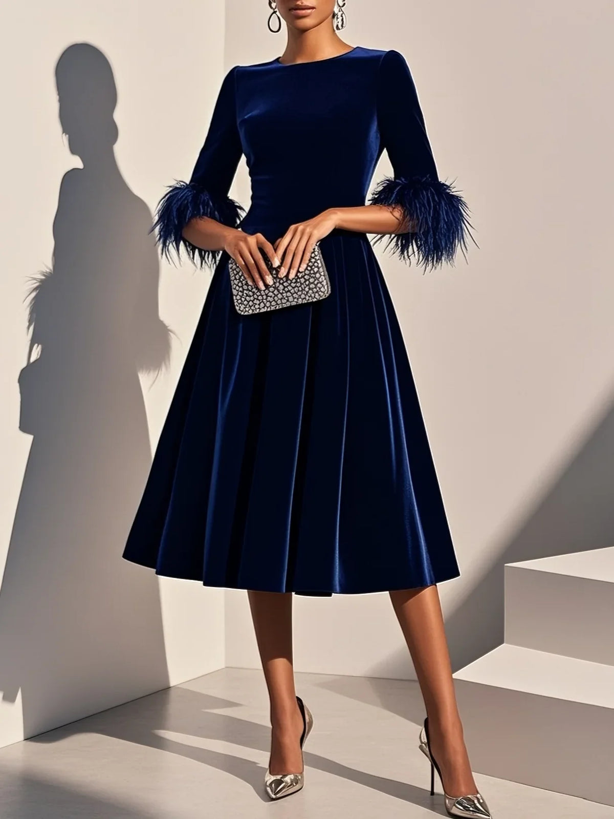Elegant A-Line Crew Neck Half Sleeve Zipper Up Tea-Length Prom Dress