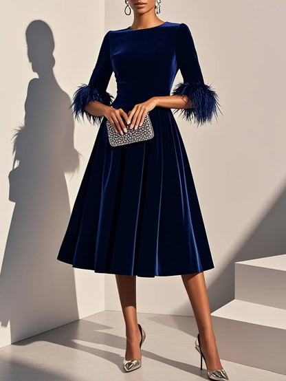 Elegant A-Line Crew Neck Half Sleeve Zipper Up Tea-Length Prom Dress