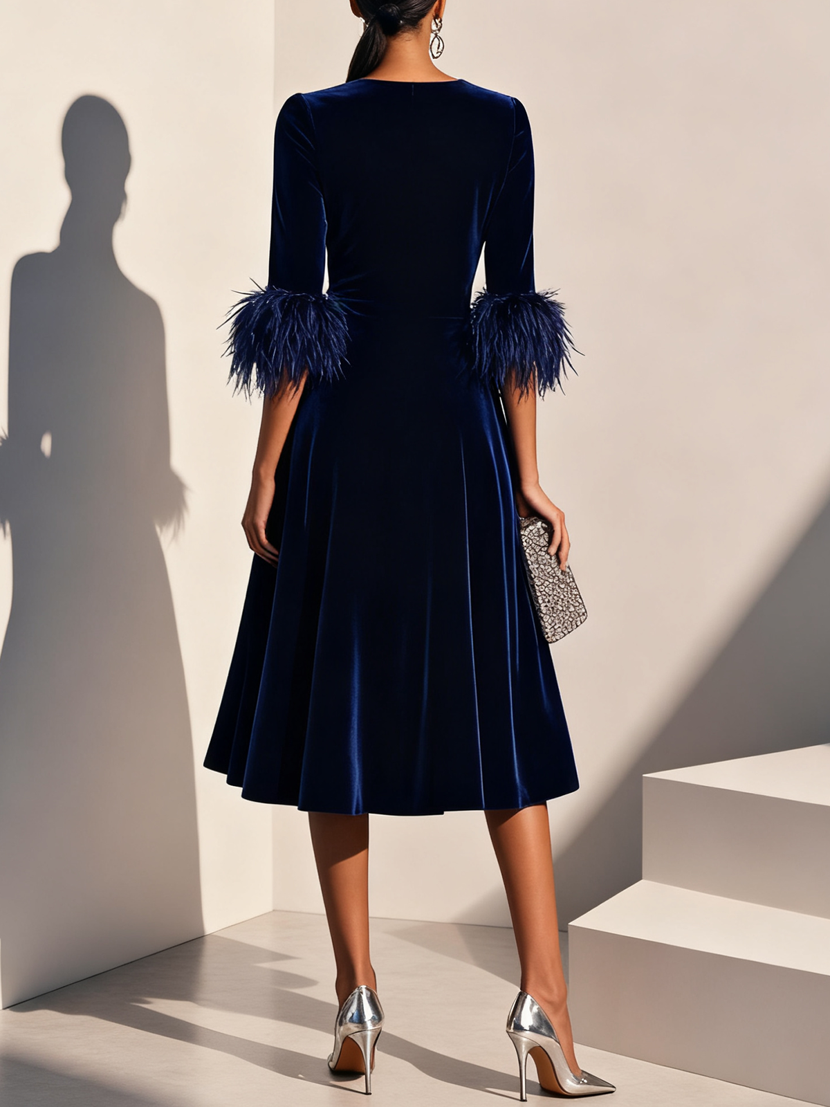 Elegant A-Line Crew Neck Half Sleeve Zipper Up Tea-Length Prom Dress