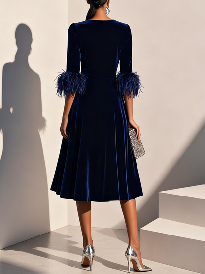 Elegant A-Line Crew Neck Half Sleeve Zipper Up Tea-Length Prom Dress
