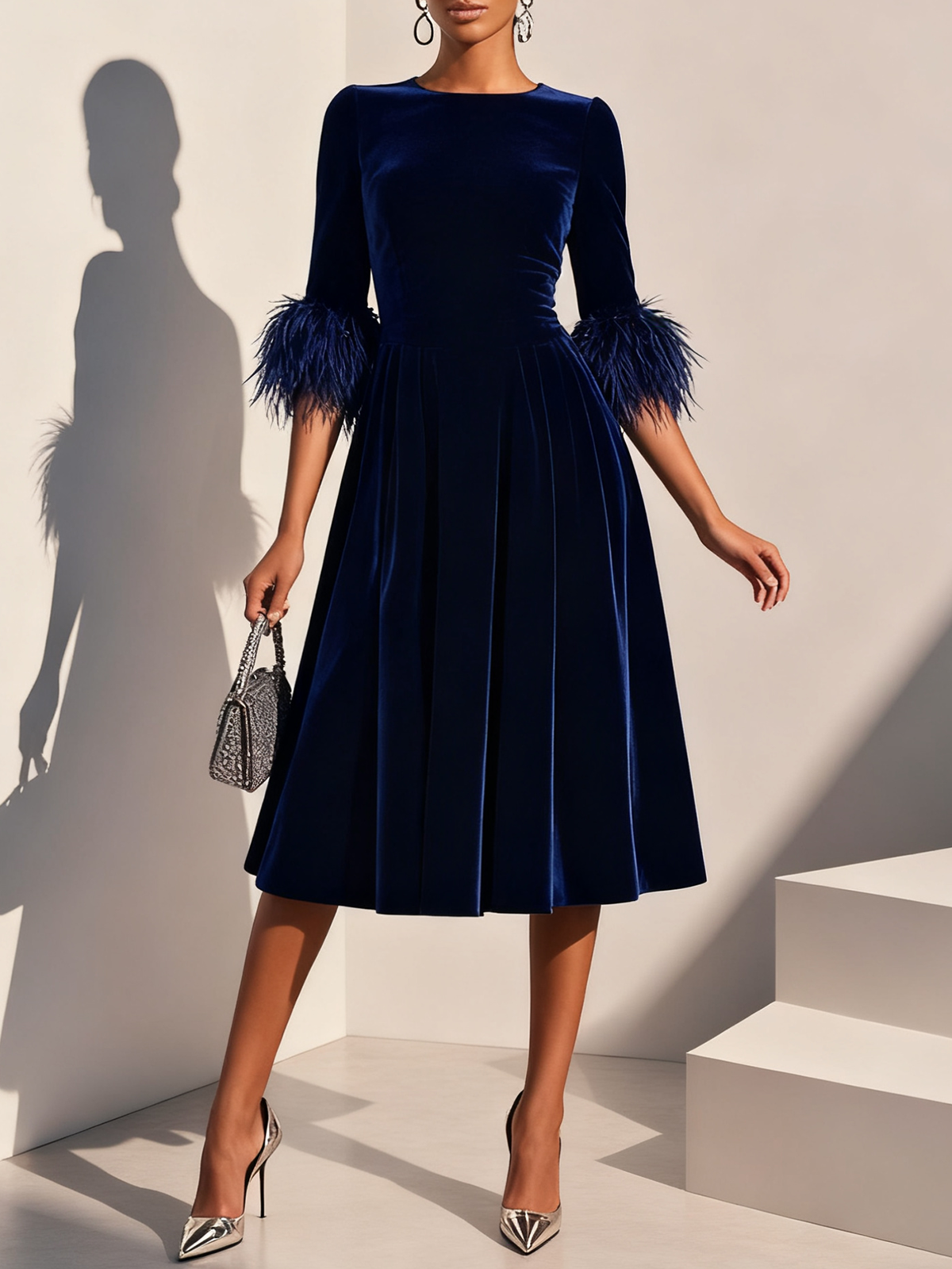 Elegant A-Line Crew Neck Half Sleeve Zipper Up Tea-Length Prom Dress