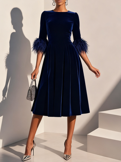Elegant A-Line Crew Neck Half Sleeve Zipper Up Tea-Length Prom Dress