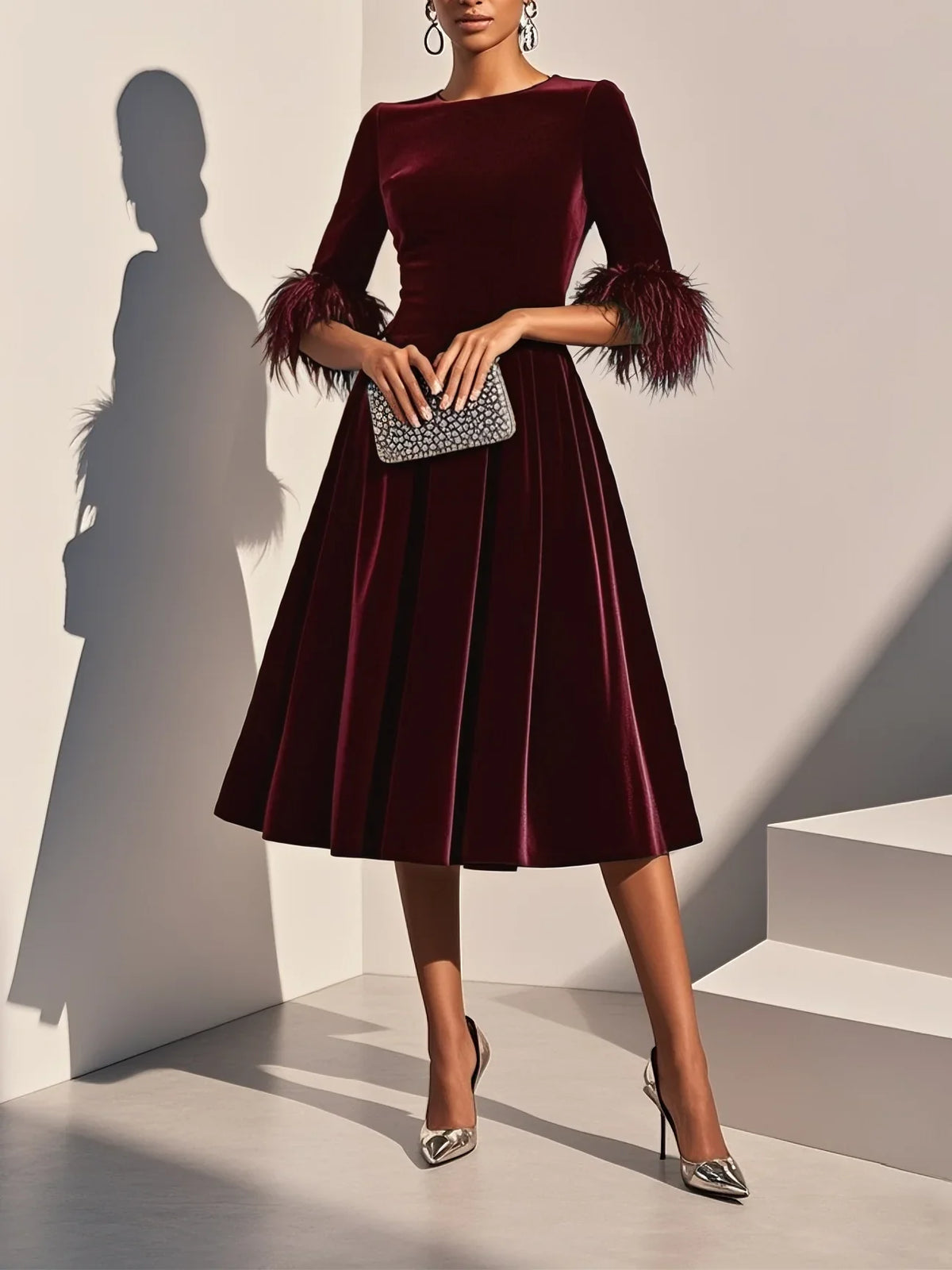 Elegant A-Line Crew Neck Half Sleeve Zipper Up Tea-Length Prom Dress