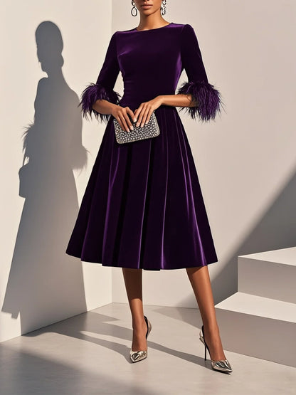 Elegant A-Line Crew Neck Half Sleeve Zipper Up Tea-Length Prom Dress